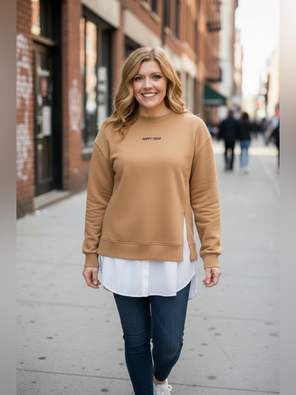 Zara Camel Crewneck Sweatshirt with Center 'Happy Today' Print